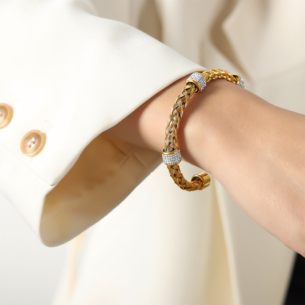 Glamorous Gold-Plated Open Bracelet with Zircon Embellishments