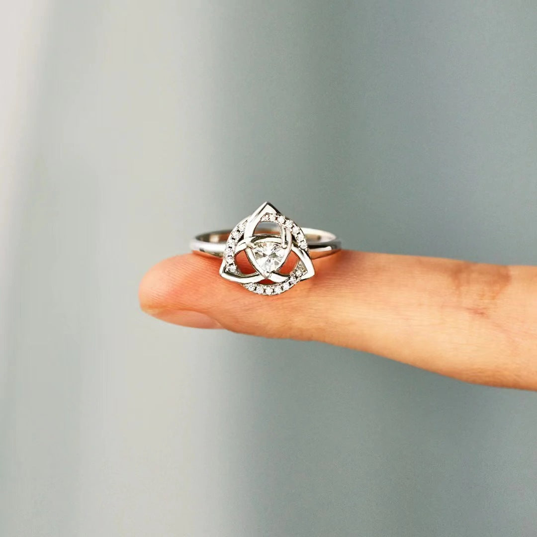 Triangle Zircon Trefoil Flower Opening Sterling Silver Ring