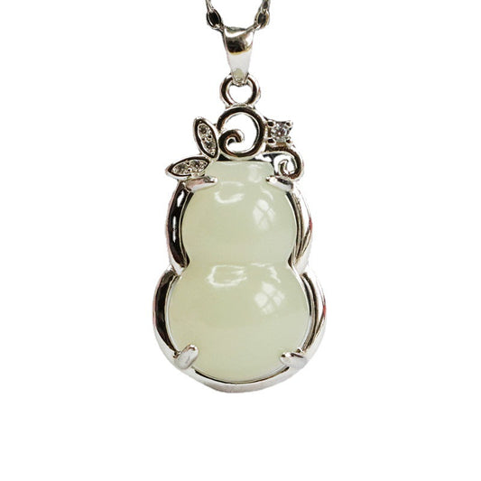 S925 Silver Natural Hetian Jade Pendant White Jade Gourd Zircon Leaf Necklace Jewelry