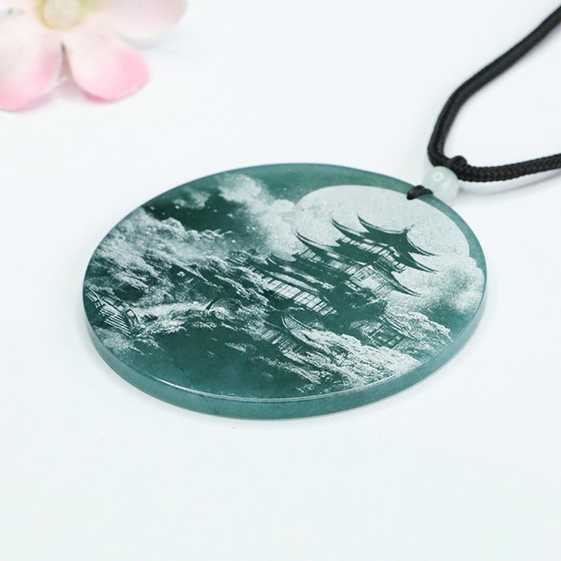 Round Natural Jade Pendant with Blue Green Shadow Landscape Carving