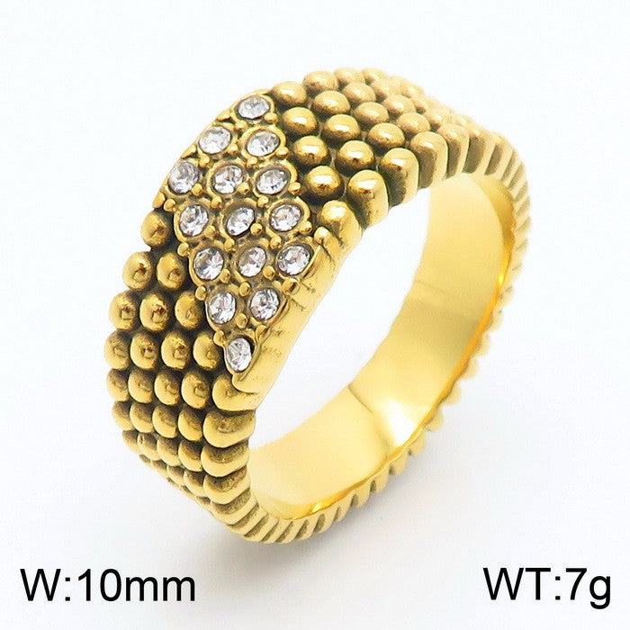 Men's Hip-Hop Inspired 18k Gold Plated Zircon Bead Ring - Retro Stainless Steel Design