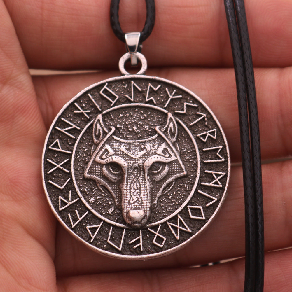 Viking Odin Wolf Head Necklace with Runaven Talisman - Men's Alloy Jewelry