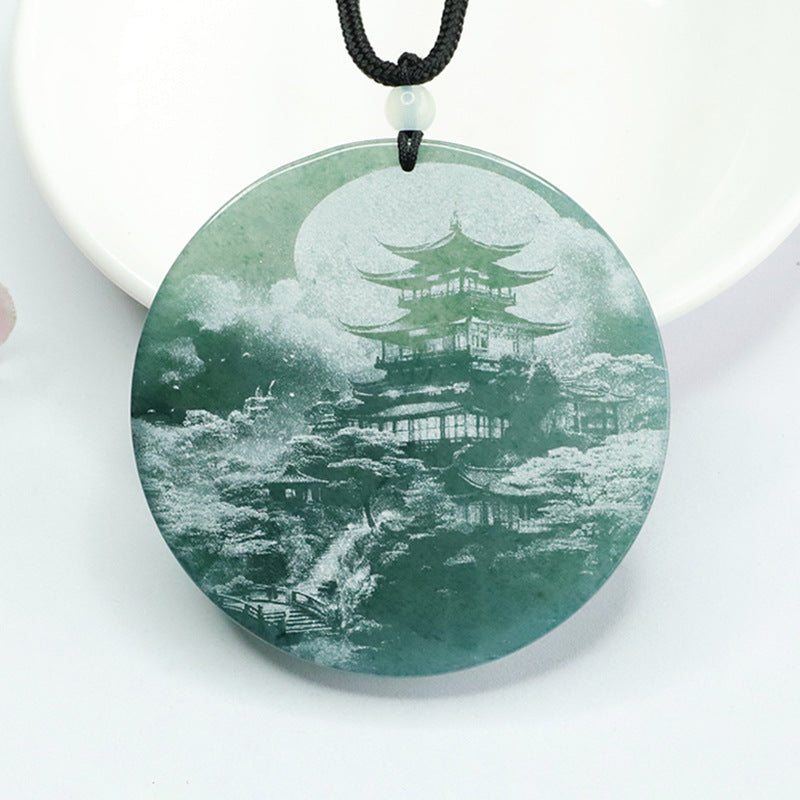 Round Natural Jade Pendant with Blue Green Shadow Landscape Carving