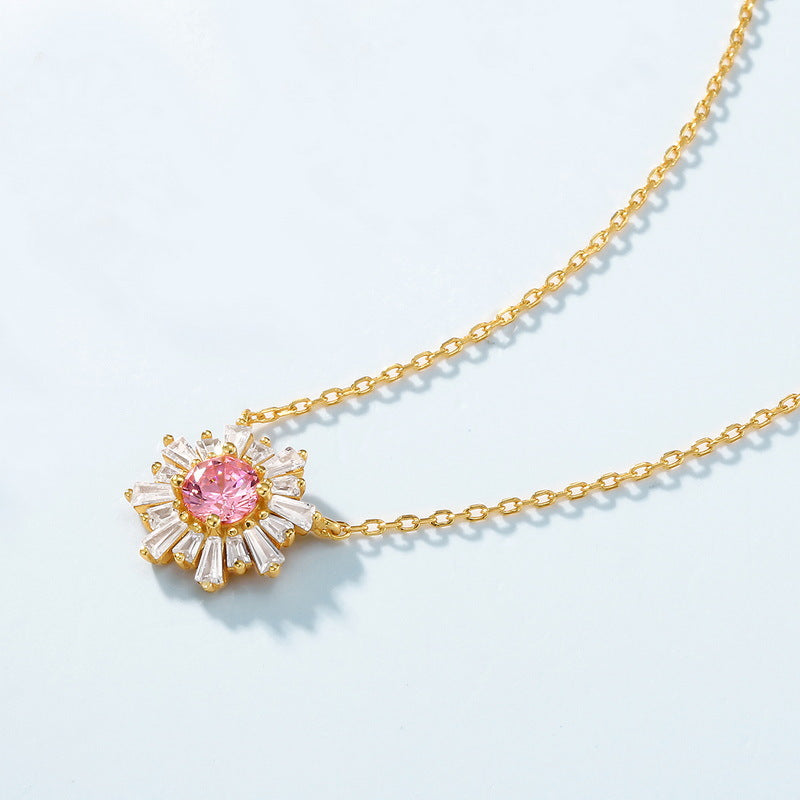 Zircon Pink Sun Flower Pendant Sterling Silver Necklace