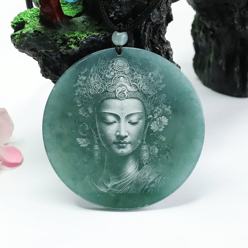 Green Jade Guanyin Bodhisattva Sterling Silver Pendant