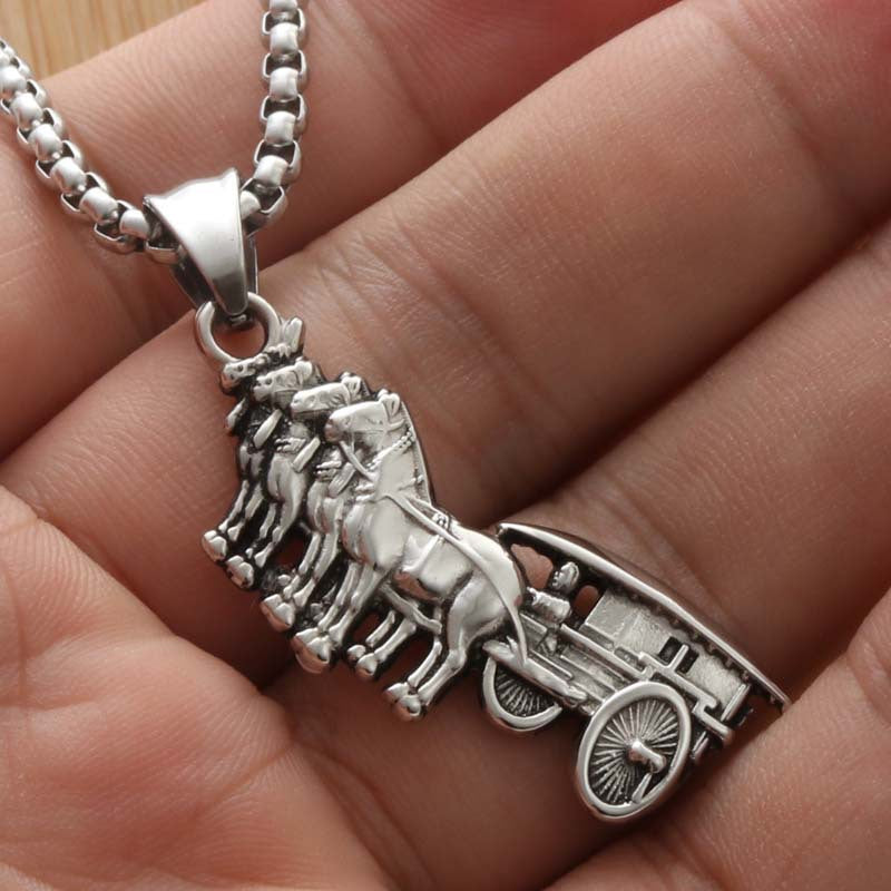 Punk Antique Titanium Steel Carriage Pendant Necklace for Men - Retro Trendy Design from Planderful Collection