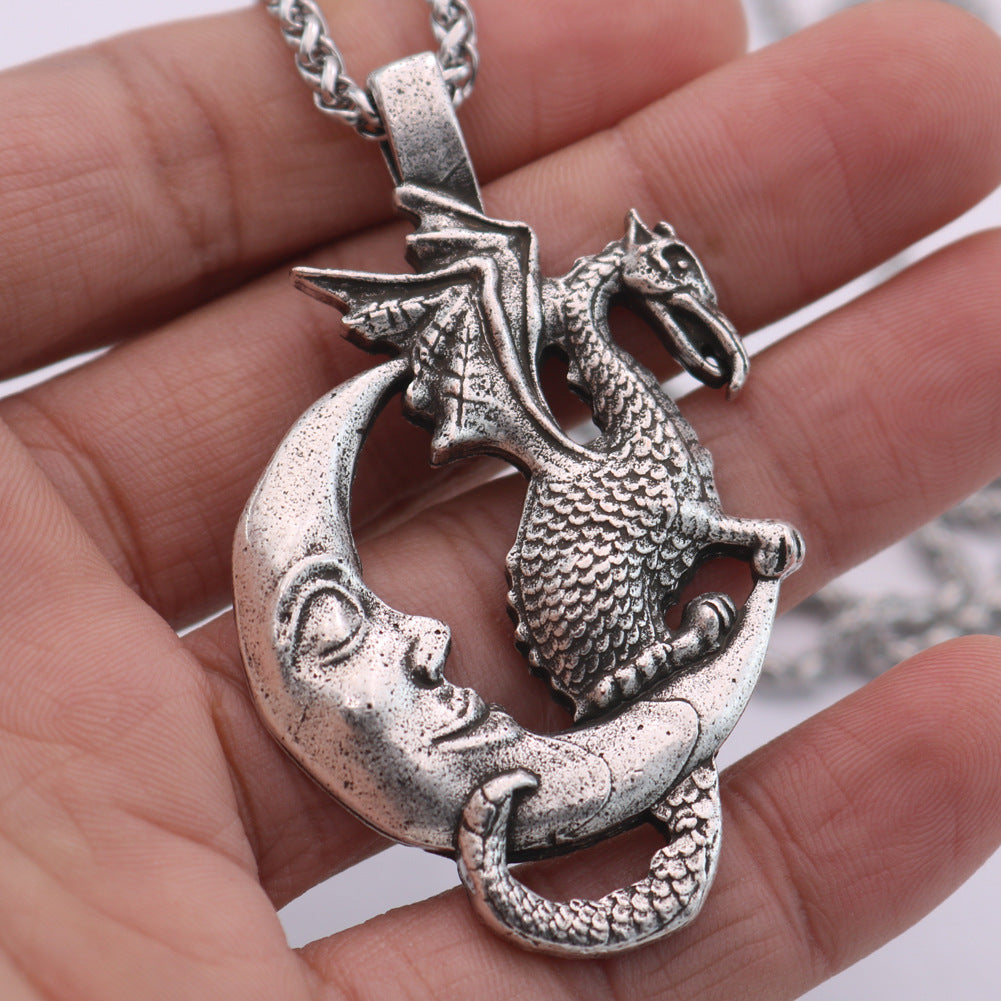 Mystical Viking Dragon Moon Necklace - Vintage Men's Jewelry