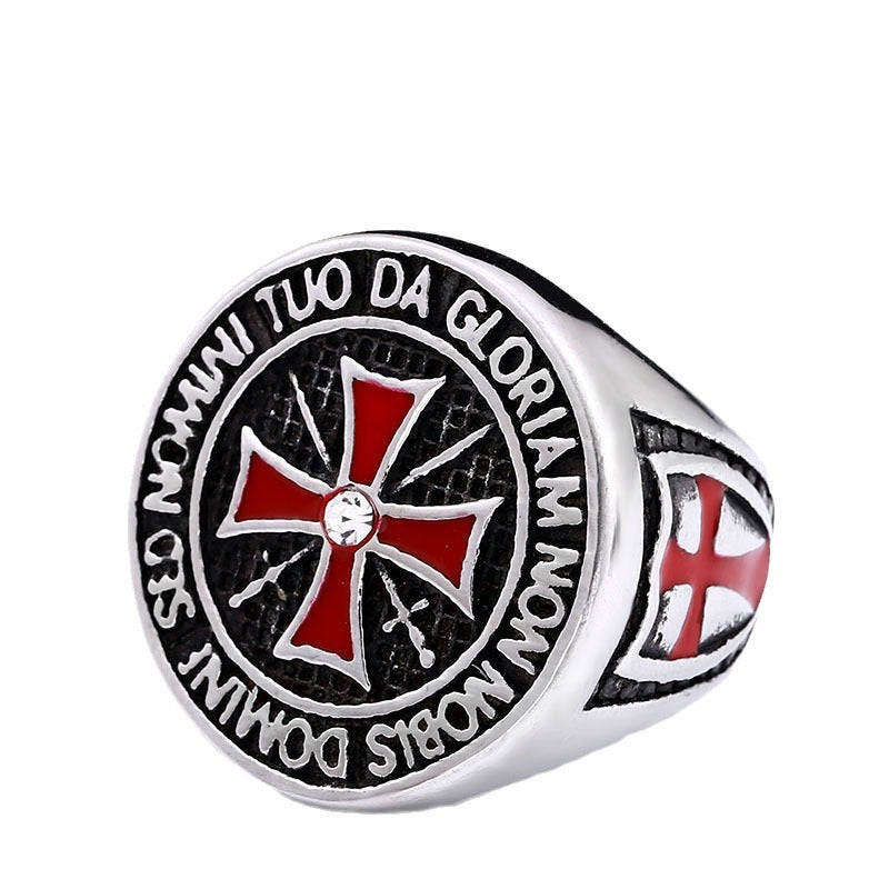 Men's Red Epoxy Templar Cross Titanium Steel Ring - Sizes 8-12 Wholesale Jewelry