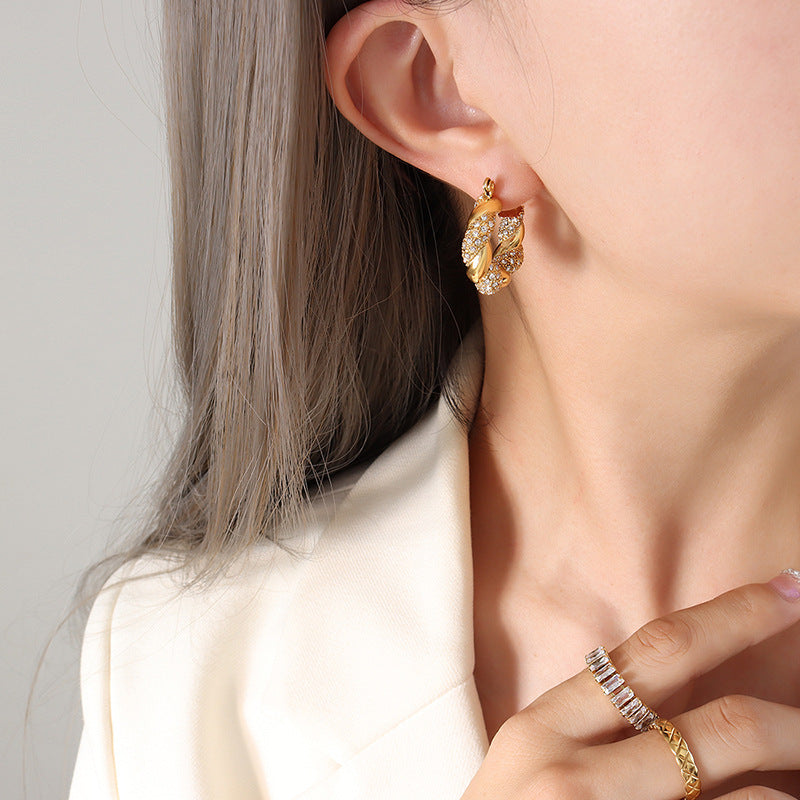 Luxurious U-Shaped Gold-Plated Zircon Twist Earrings with Titanium Steel - Elegant Ear Accessory