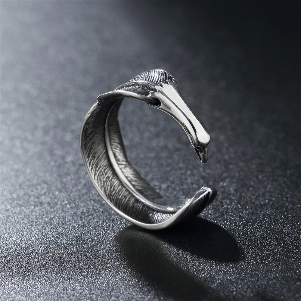 Retro Titanium Steel Ring with Feather Design