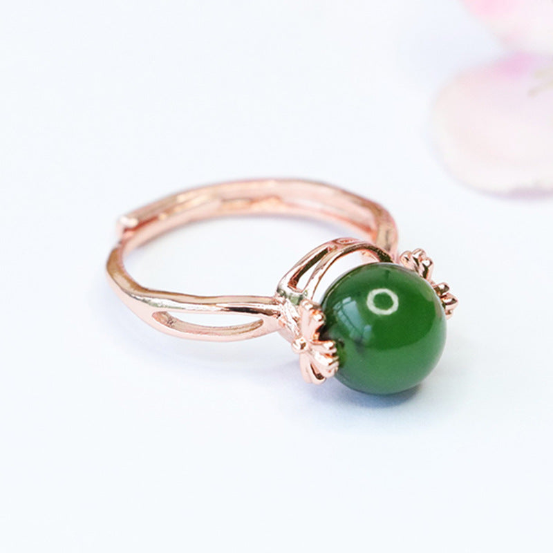 Elegant Natural Hotan Jade Rotating Ring with Jasper Beads