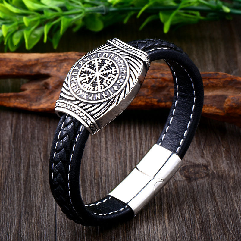 Odin's Triangular Letter Leather Bracelet - Retro Stainless Steel Viking Jewelry for Men