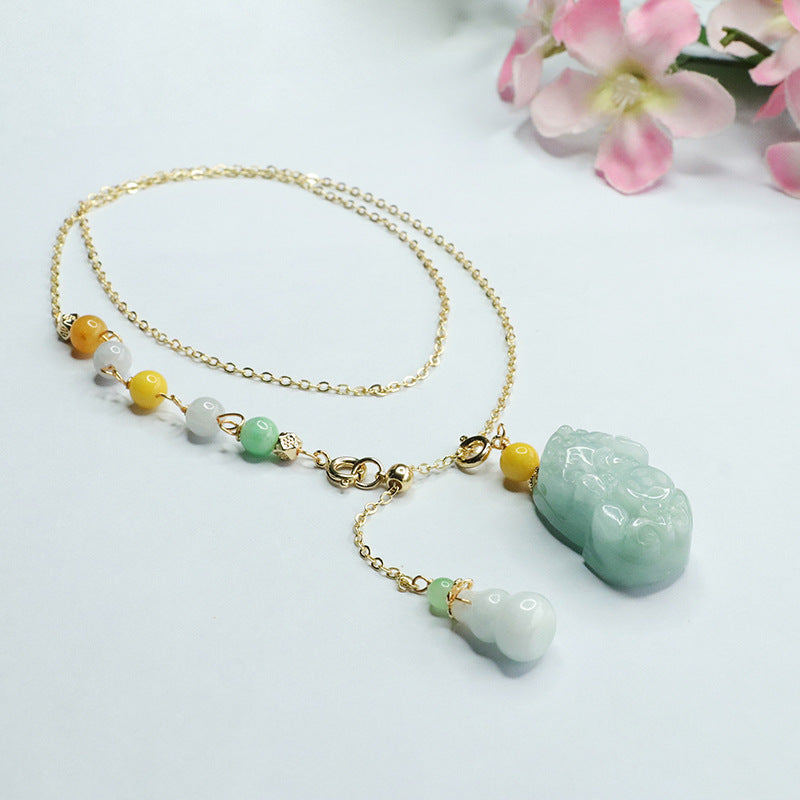 Fortune's Favor Sterling Silver Jade Pixiu Necklace with Gourd Three-color Bead Chain