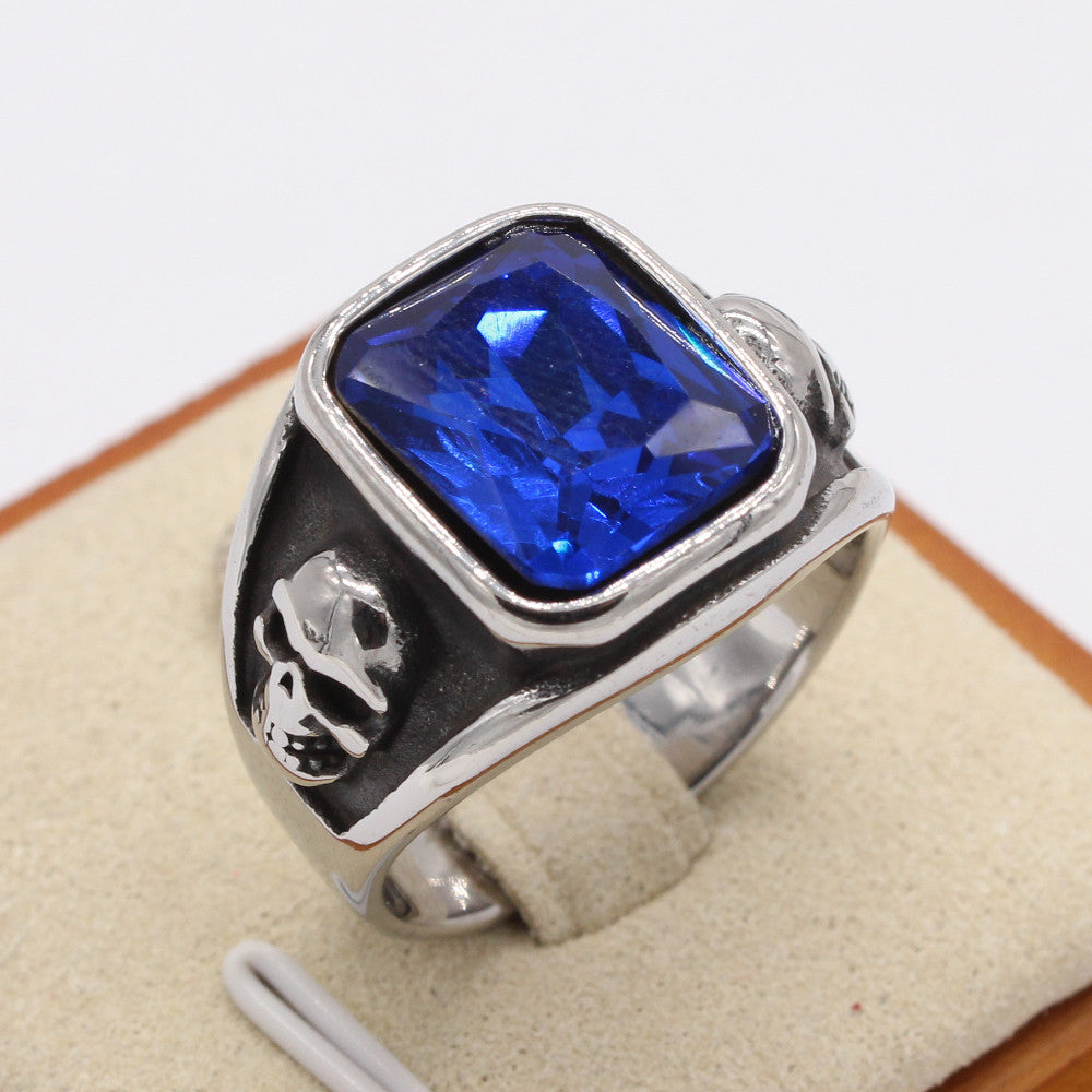 Skull Head Rectangle Gemstone Titanium Steel Ring for Men