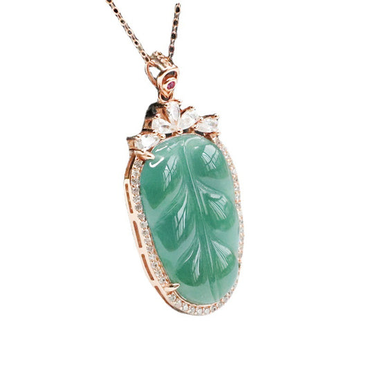 S925 Sterling Silver Necklace with Natural Jade Leaf Pendant and Zircon Accents