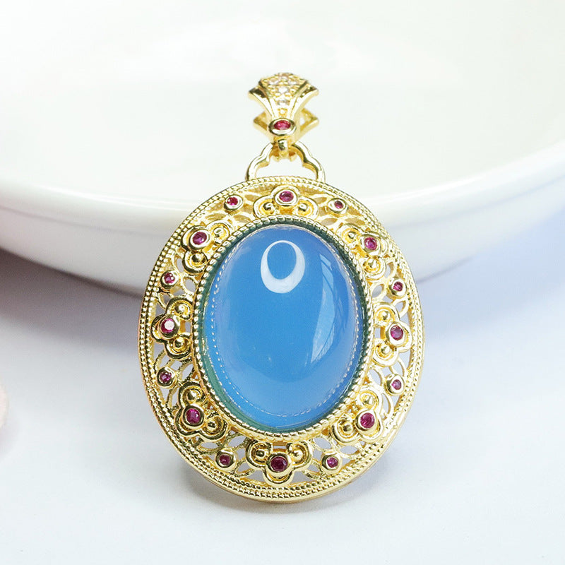 Oval Blue Chalcedony Hollow Vintage Zircon Pendant