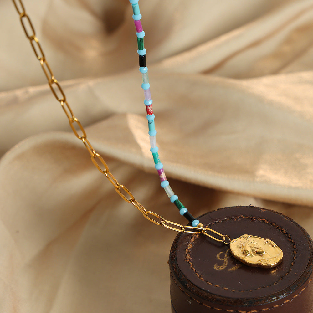 Chic Handcrafted Natural Stone Pendant Necklace with Gold-Plated Chains