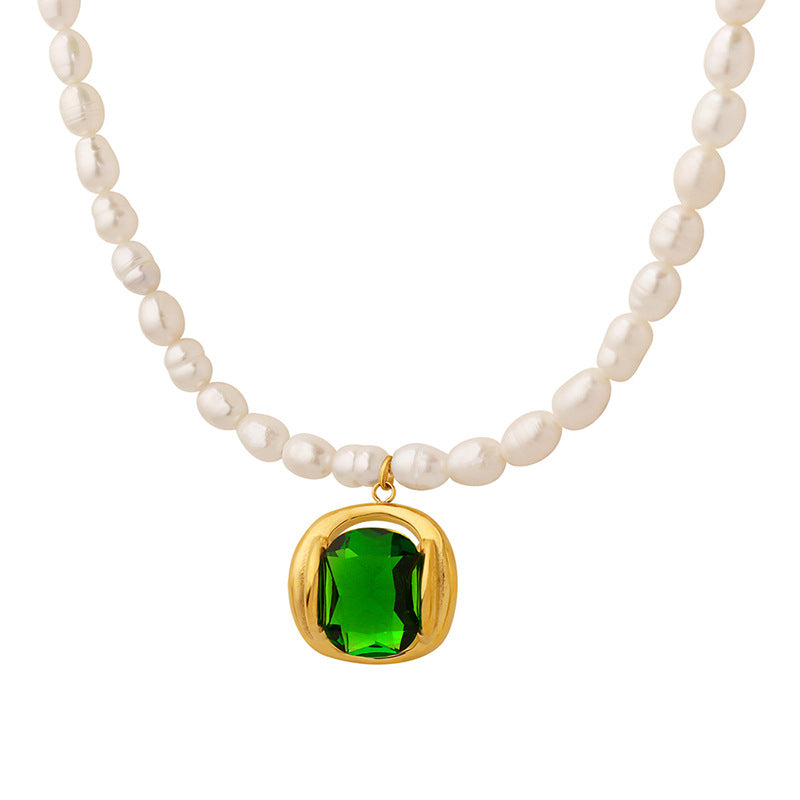 Luxurious French Court Emerald Pearl Necklace with Zircon Pendant