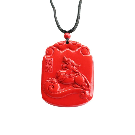 Red Sand Cinnabar Ruyi Unicorn Auspicious Cloud Sterling Silver Pendant