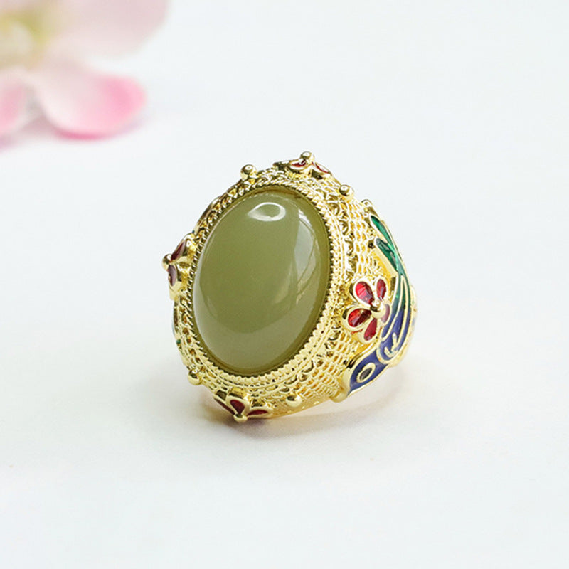 Colourful Flower Bird Pattern Ring with Authentic Hetian Jade and Sterling Silver