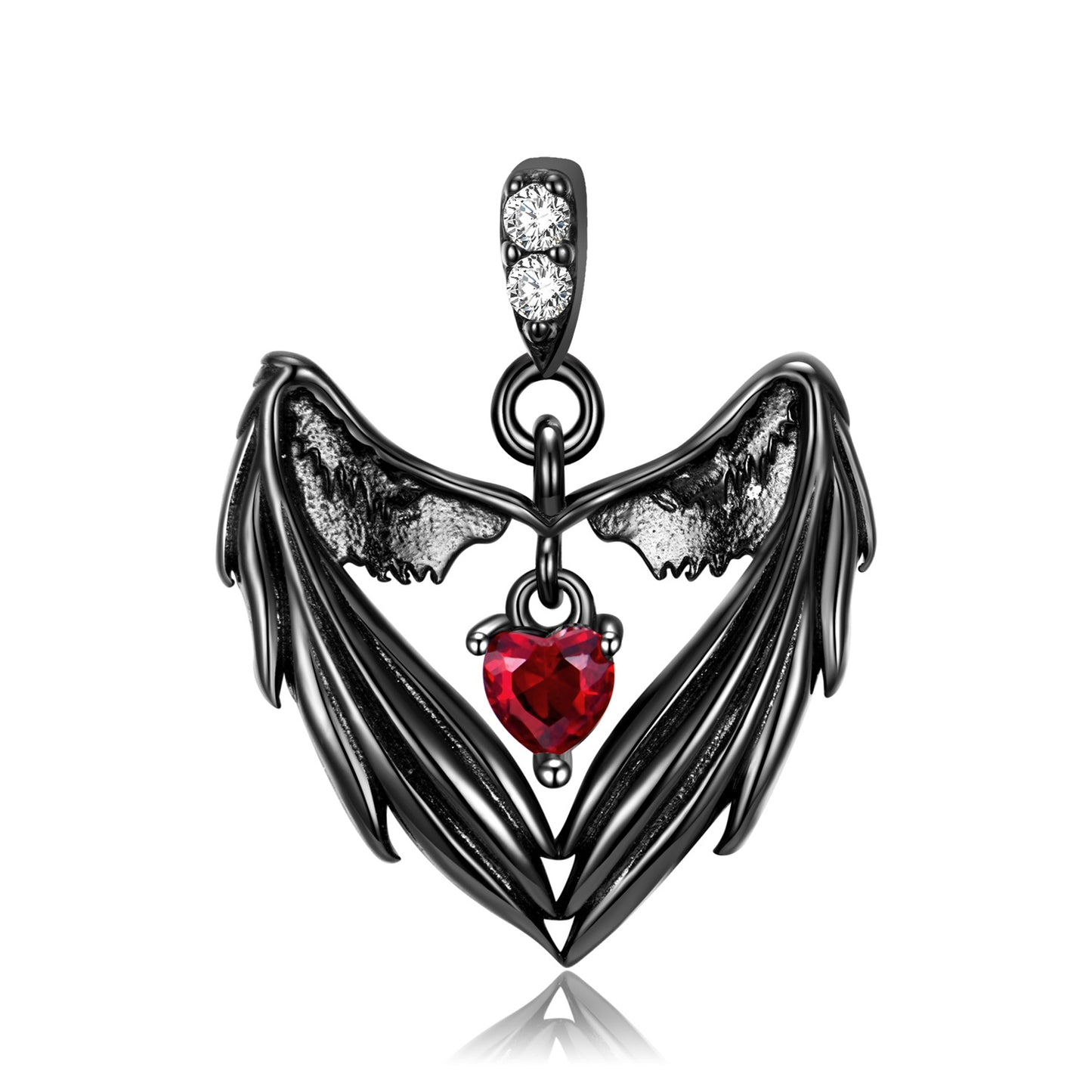 Black Heart Shape Angle Wings Red Zircon Silver Necklace