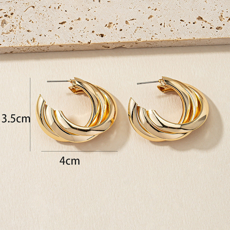 Golden C-Shaped Triple Layer Metal Stud Earrings by Planderful Vienna Verve