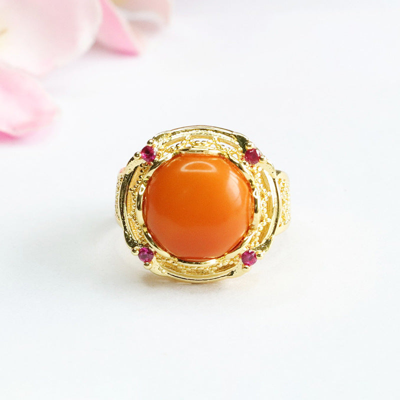 Golden Honey Wax Amber Fortune Ring with Sterling Silver