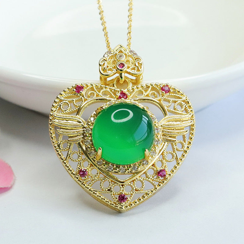 Natural Round Green Chalcedony Hollow Love Pendant Ethnic Style