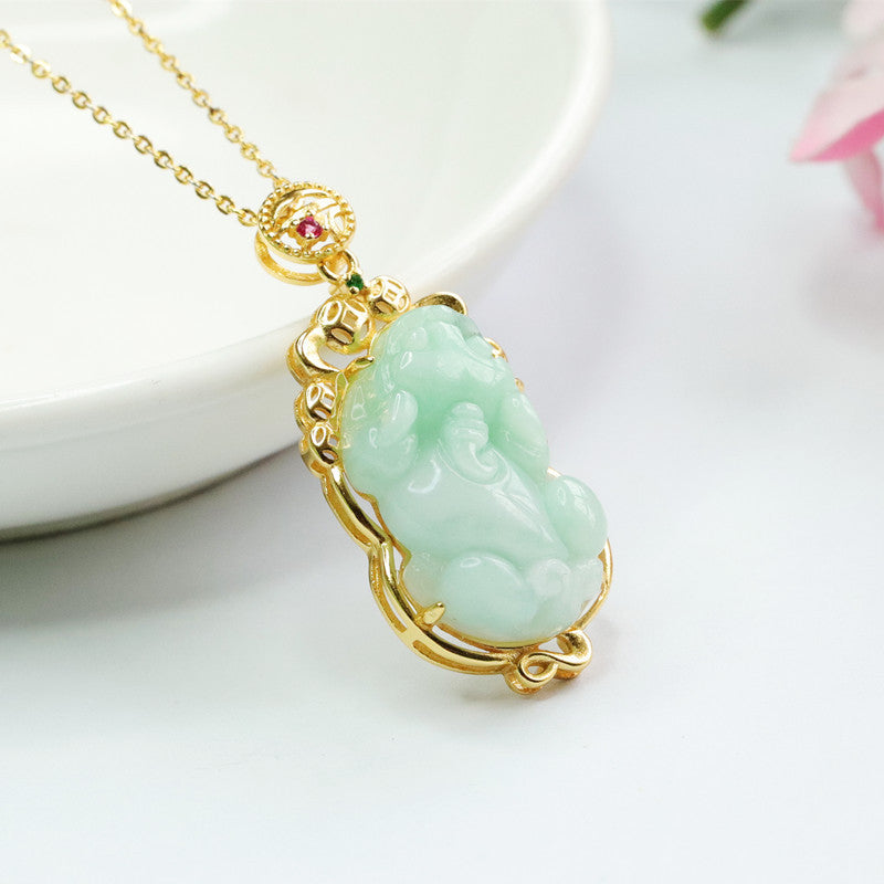 Sterling Silver Pixiu Jade Pendant Necklace with Hollow Edge