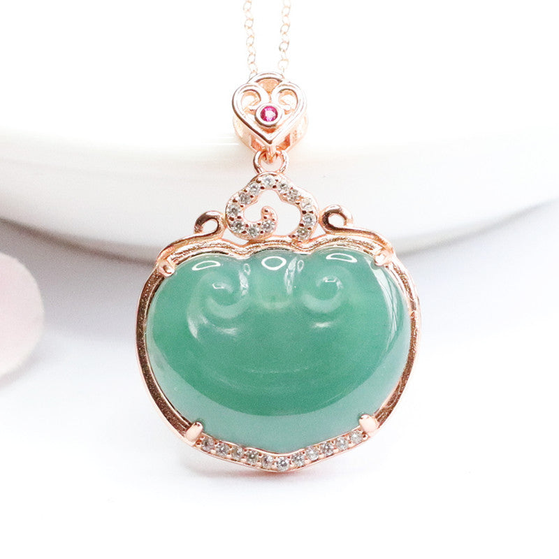 Ice Blue Green Ruyi Jadeite Pendant Necklace with Zircon on Silver Chain