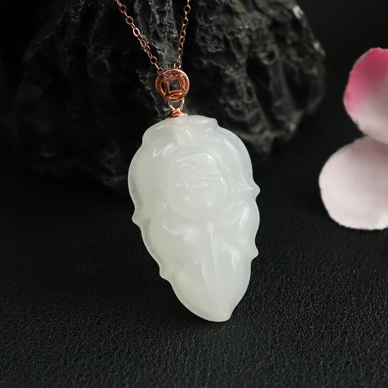 White Jade Leaf Buddha Necklace crafted from Sterling Silver and Natural Hetian Jade