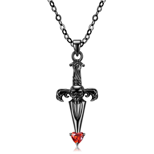 Halloween Skull Cross Sword Piercing Heart Silver Necklace