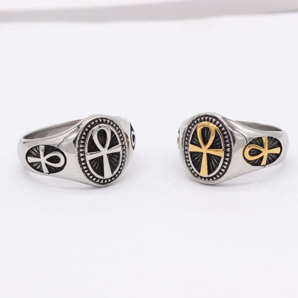 Egyptian Ankh Cross Oval Titanium Steel Ring for Men