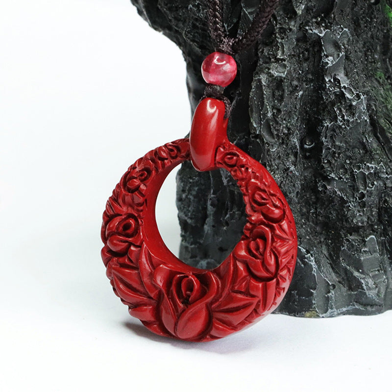 Rose Hollow Round Vermilion Sand Pendant with Purple Gold Sand Carving