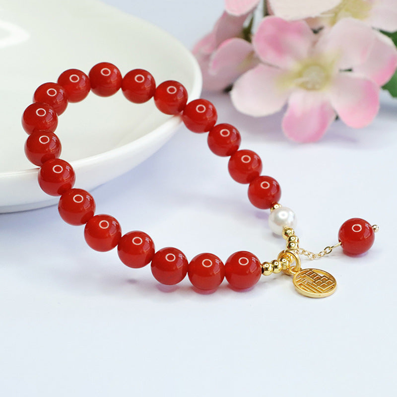 Red Agate and Pearl Sterling Silver Bracelet - Fortune's Favor Collection by Planderful