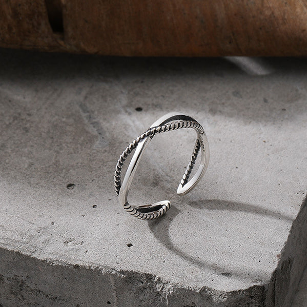 Geometric Interweaving Hollow Design Opening Sterling Silver Ring