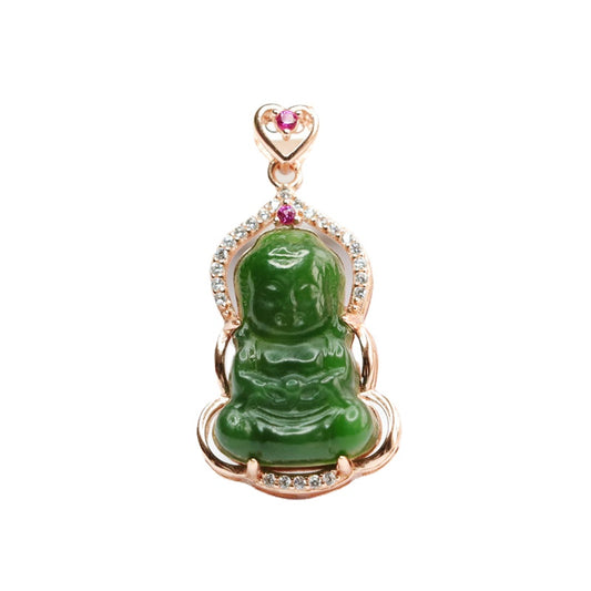 Sterling Silver Baby Buddha Necklace with Natural Hotan Jade Jasper