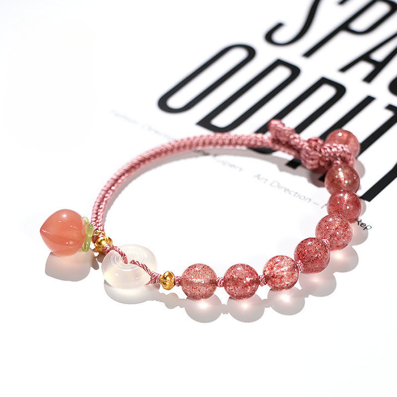 Natural Strawberry Crystal and Agate Bracelet with Sterling Silver Safety Buckle