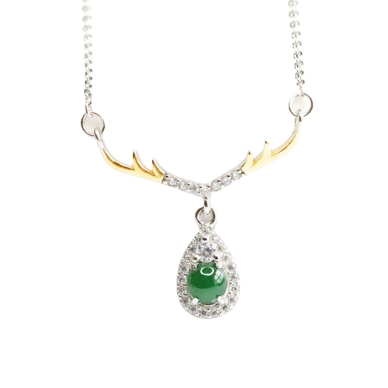 S925 Sterling Silver Elegant Water Drop Deer Necklace with Natural Ice Emperor Green Jadeite