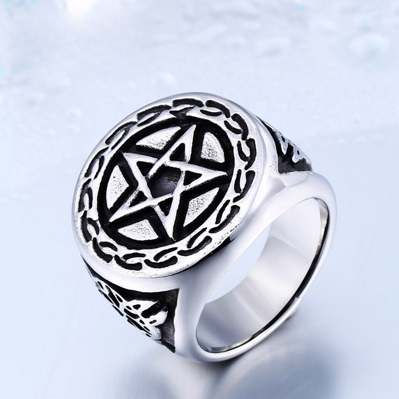 Custom Engraved Pentagram Ring in Retro Titanium Steel for Men - Wholesale Stainless Steel Jewelry