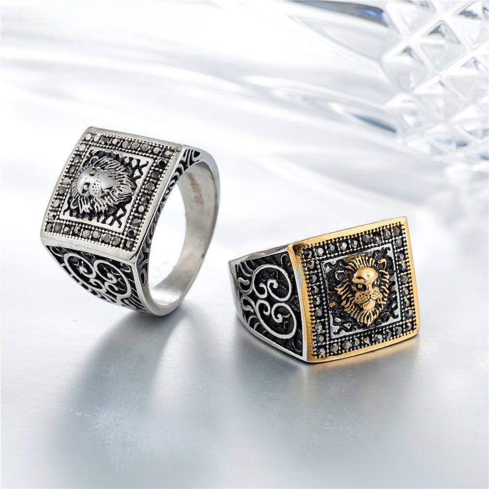 Lion Head Relief Square Surface Zircon Titanium Steel Ring for Men