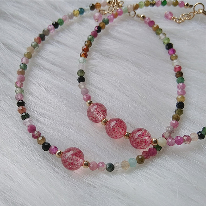 Crystal Bracelet with Strawberry, Peach Blossom, and Tourmaline Crystals