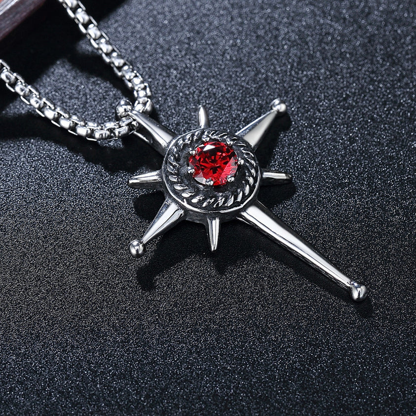 Red Zircon Sun Cross Titanium Steel Pendant for Men