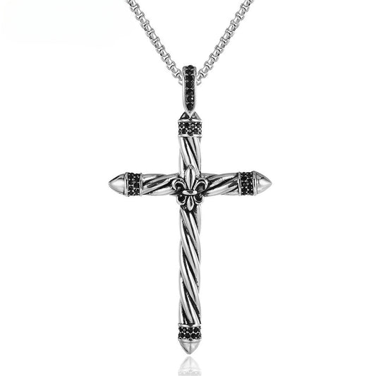 Spiricle Latin Cross Childern Flower Zircon Titanium Steel Necklace for Men