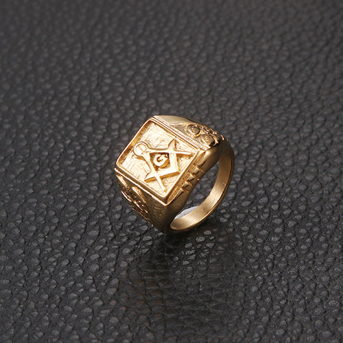 Freemasonry-Inspired Gold Titanium Steel Men's Ring - Elegant Fashion Jewelry for Men