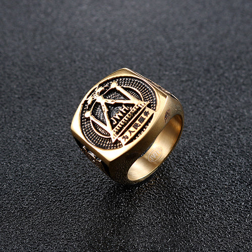 Stylish Gold Freemason Ring for Men - Personalized Retro Stainless Steel Jewelry in European and American Fashion