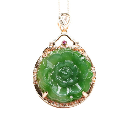 Jade Peony Flower Sterling Silver Necklace with Zircon