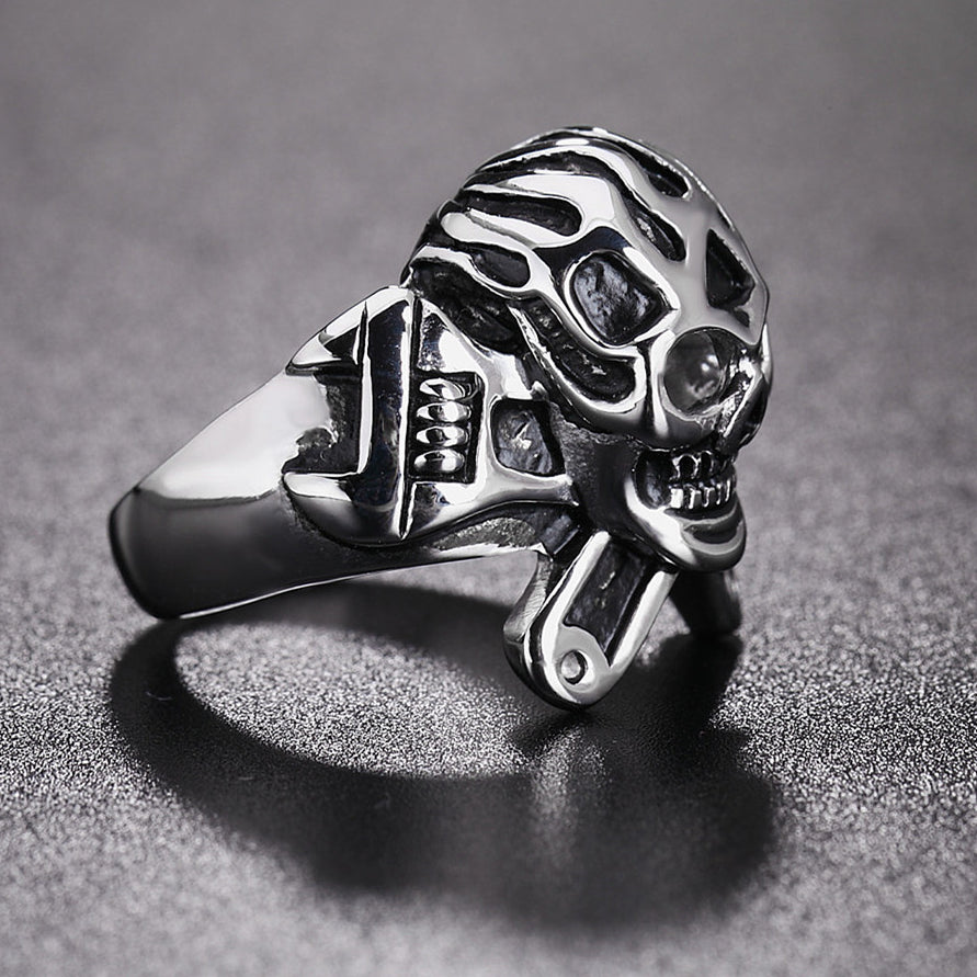 Halloween Motorcycle Wrench Skull Titanium Steel Ring for Men