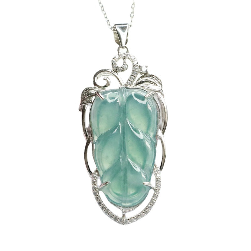 Ice Blue-Green Leaves Hollow Necklace with Jade Gemstone