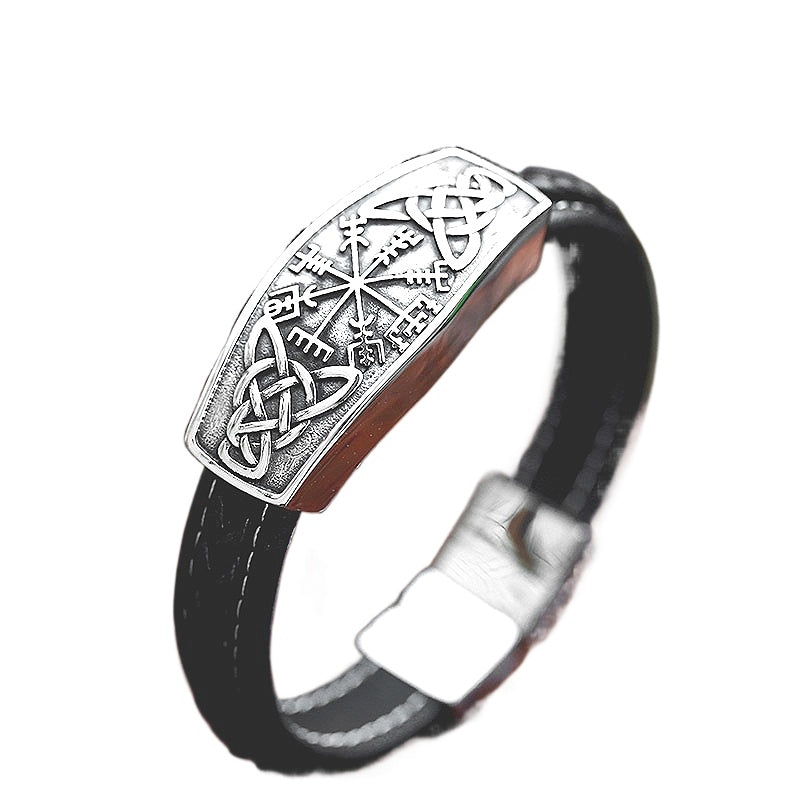 Stainless Steel Viking Rune Bracelet - Retro Leather Jewelry for Men